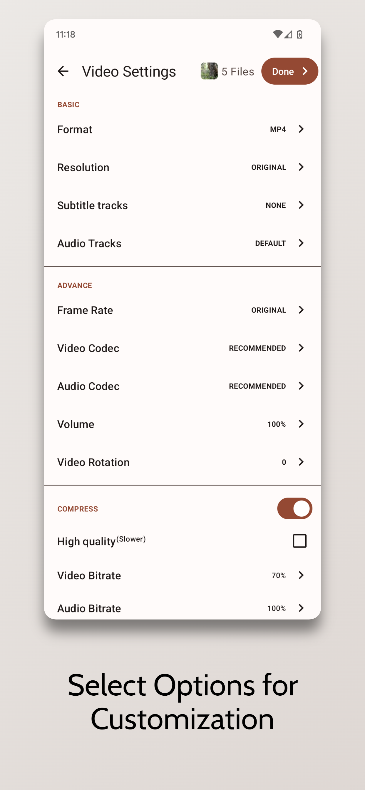 Video Editor audio and compression options
